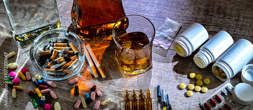 Addictive substances, including alcohol, cigarettes and drugs photo