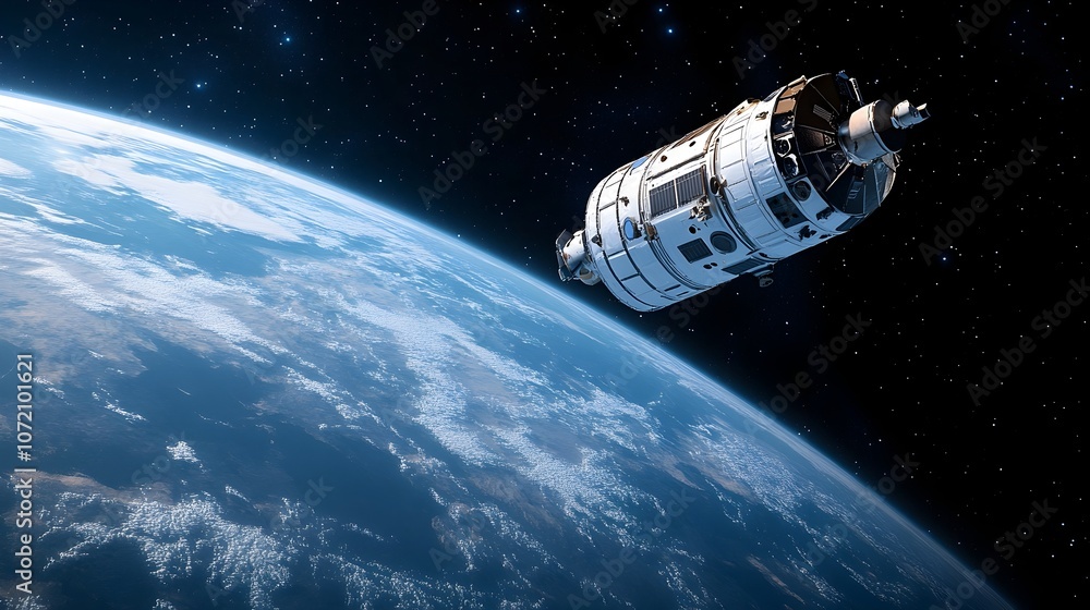 Modern Spacecraft Gliding Above Earth s Atmosphere With Panoramic View of Planet and Starry Cosmos Modern Spacecraft Gliding Above Earth s Atmosphere With Panoramic View of Planet and Starry Cosmos