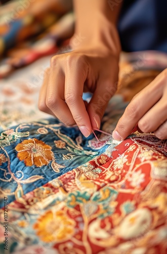A person is sewing a patchwork quilt