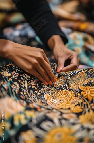 A woman is sewing a piece of fabric with a floral pattern