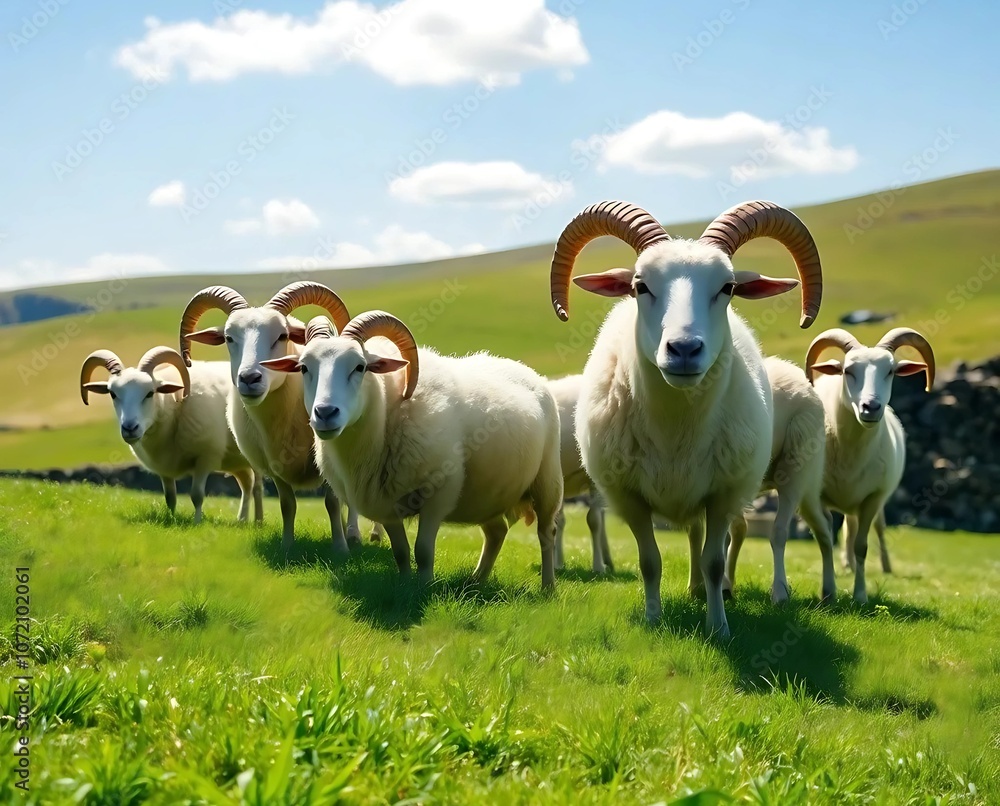 Fototapeta premium Curved-horned Wiltshire sheep in a picturesque green landscape, enjoying the sunshine beneath a bright blue sky