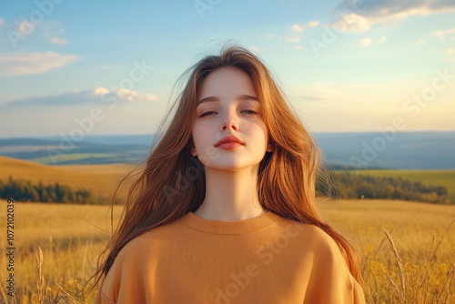 Golden Hour Portrait Capturing Authentic Freedom and Natural Beauty in a Field of Wheat A Moment of Self-Expression and Individuality, Embracing the Beauty of Simplicity