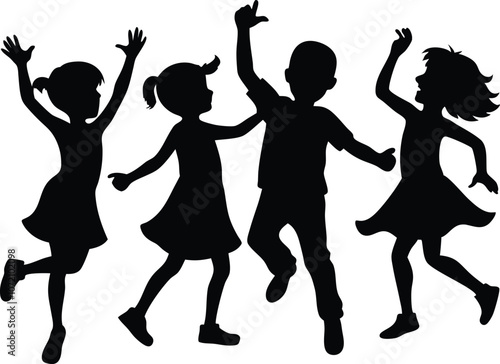 Group of happy kid dancingsilhouette , children raising hand silhouette vector illustration 