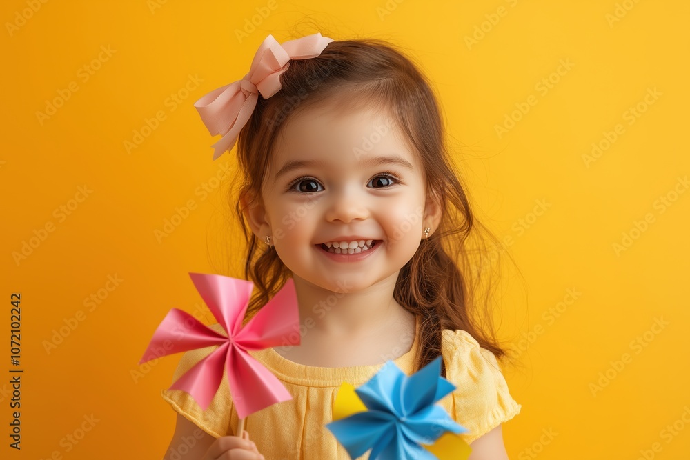 A young girl is holding two paper fans and smiling A young girl is holding two paper fans and smiling