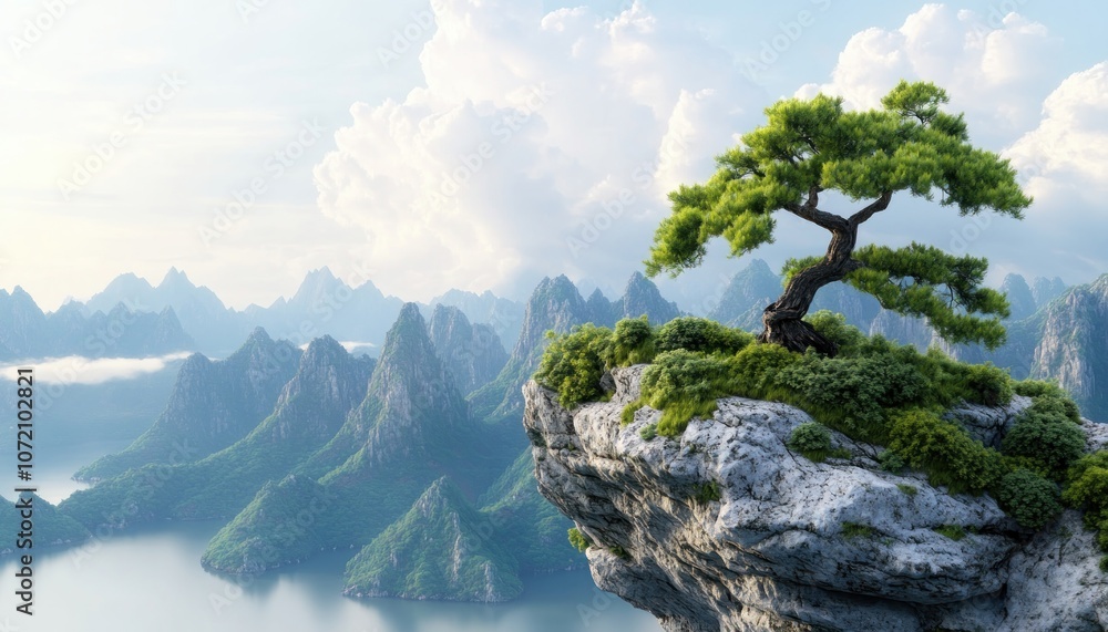 Minimalist Landscape Photography A Single Tree Standing Tall on a Mountain Cliff, Embracing the Beauty of Nature and Self-Acceptance