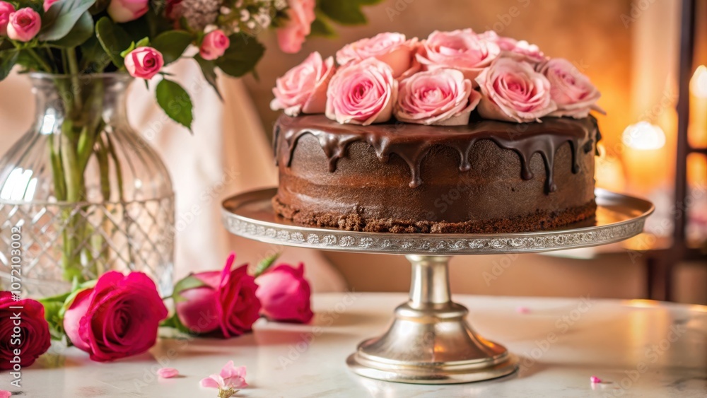 A chocolate cake with drizzled icing, topped with pink roses, sits on a silver cake stand, surrounded by pink roses on a white surface. A chocolate cake with drizzled icing, topped with pink roses, sits on a silver cake stand, surrounded by pink roses on a white surface.