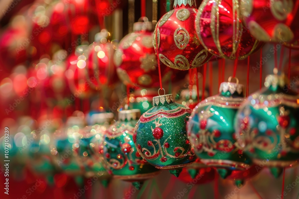 A bunch of Christmas ornaments hanging from strings, ideal for holiday decorations and celebrations A bunch of Christmas ornaments hanging from strings, ideal for holiday decorations and celebrations