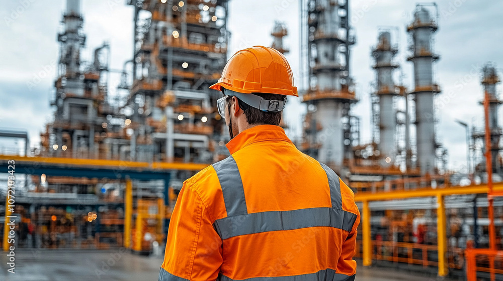worker stands with their back turned, wearing a protective helmet and high-visibility vest, symbolizing diligence, resilience, and safety. The photo captures commitment, responsibility, and the streng worker stands with their back turned, wearing a protective helmet and high-visibility vest, symbolizing diligence, resilience, and safety. The photo captures commitment, responsibility, and the streng