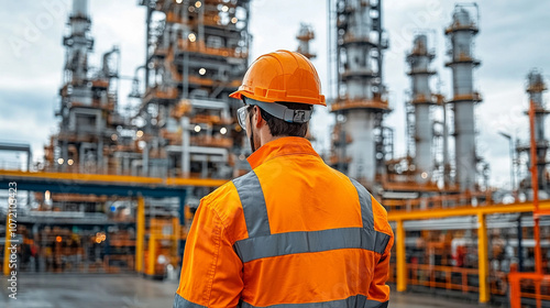 worker stands with their back turned, wearing a protective helmet and high-visibility vest, symbolizing diligence, resilience, and safety. The photo captures commitment, responsibility, and the streng