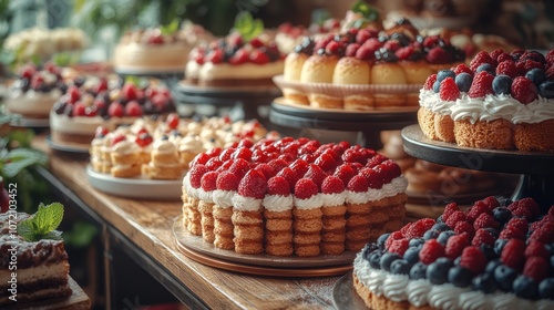 Assortment of delicious cakes and pastries decorated with fresh berries.