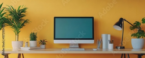 Wallpaper Mural A modern workspace featuring a computer, desk lamp, and various plants against a vibrant yellow wall. Torontodigital.ca