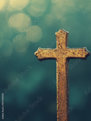 A weathered golden cross stands prominently against a serene, bokeh background, symbolizing faith, resilience, and spiritual peace in a timeless setting.