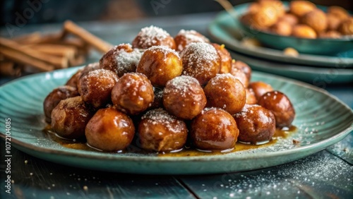 A plate of golden brown, sugary, and dusted-with-powdered-sugar fried dough balls, drizzled with caramel, and resting on a teal-colored ceramic plate with a rustic wooden backdrop.