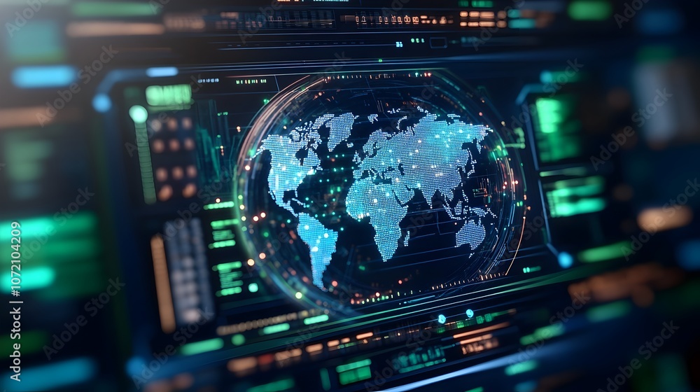 Futuristic Digital Holographic Globe with Glowing Data Points and Neon Accents Global Technology Theme Futuristic Digital Holographic Globe with Glowing Data Points and Neon Accents Global Technology Theme