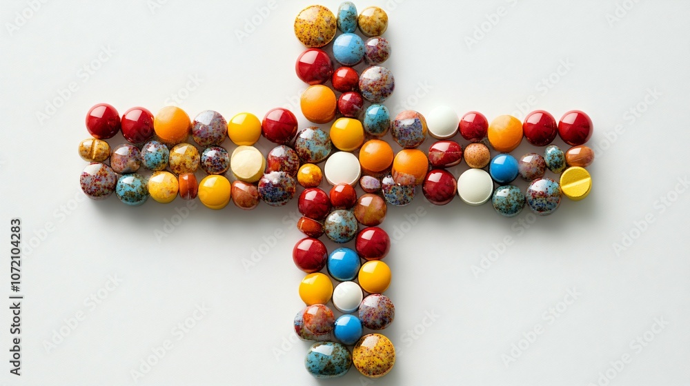 Many different pills in the shape of a cross lie on a white background, the concept of faith in medicine, religion and medicine Many different pills in the shape of a cross lie on a white background, the concept of faith in medicine, religion and medicine