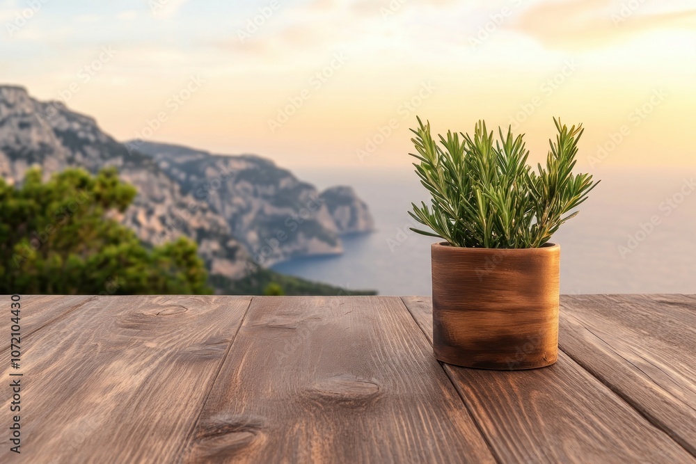 Simple Beauty A Rosemary Plant on a Wooden Table with a Stunning Coastal Sunset View, Embracing Natural Simplicity and Authenticity in an Outdoor Setting