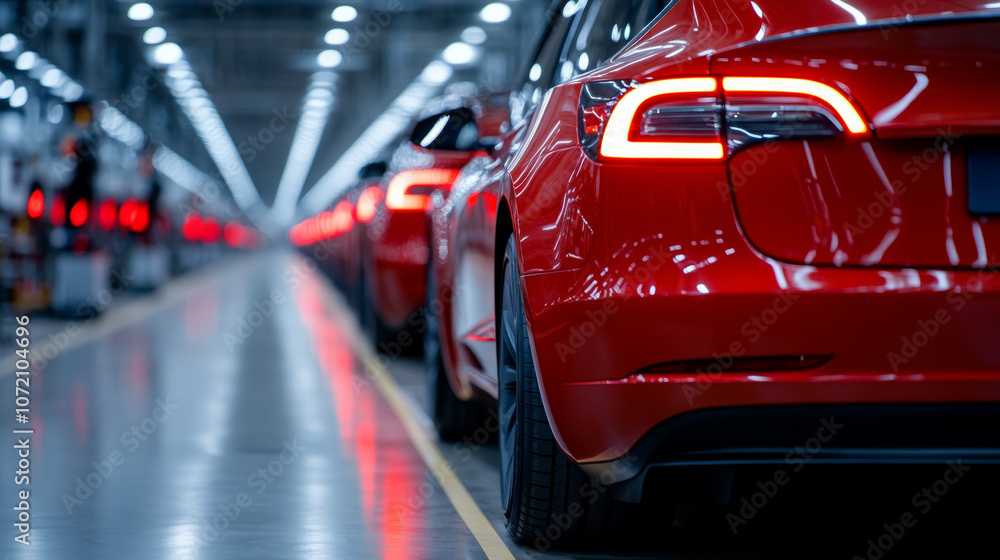 A row of red cars in a factory setting, showcasing the precision and scale of modern automotive production. A row of red cars in a factory setting, showcasing the precision and scale of modern automotive production.
