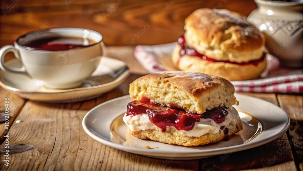 A close-up of a freshly baked scone with jam and clotted cream on a white plate, paired with a steaming cup of tea, inviting a taste of English tradition. A close-up of a freshly baked scone with jam and clotted cream on a white plate, paired with a steaming cup of tea, inviting a taste of English tradition.