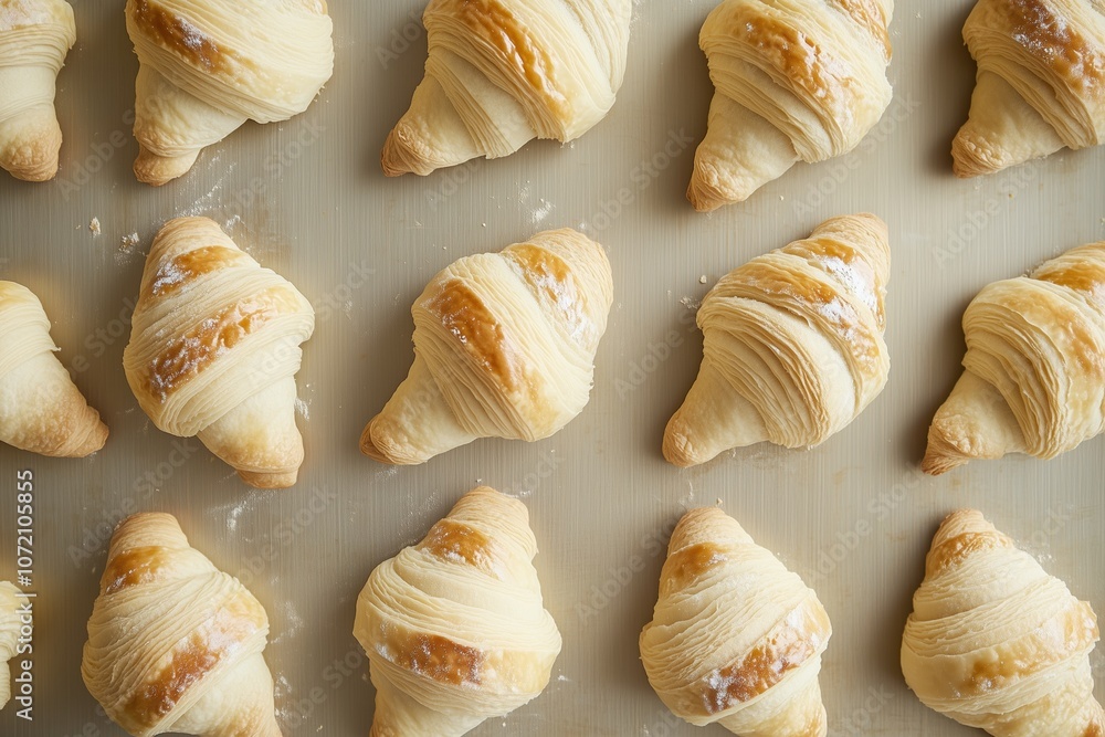 A row of croissants are lined up on a counter A row of croissants are lined up on a counter