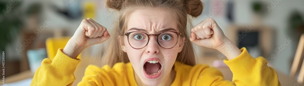 Young Woman Clenching Fists, Stressed Out Over Paperwork, Demonstrating a Powerful Reaction to Uncertainty and Decision-Making Under Pressure