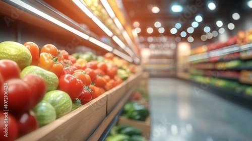 Ripe vegetables on supermarket shelves, blurred background of food sales photo