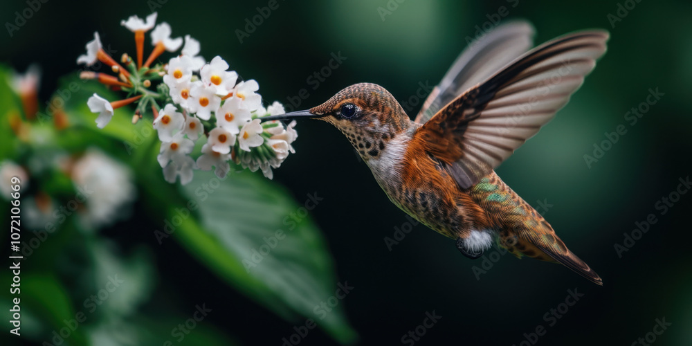 Bird day. A close-up capture of a brown hummingbird hovering by tiny white flowers, set against a blurred green background, emphasizing its graceful flight and fine feather details.
Bird day. A close-up capture of a brown hummingbird hovering by tiny white flowers, set against a blurred green background, emphasizing its graceful flight and fine feather details.