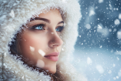 young beautiful woman over snowy background