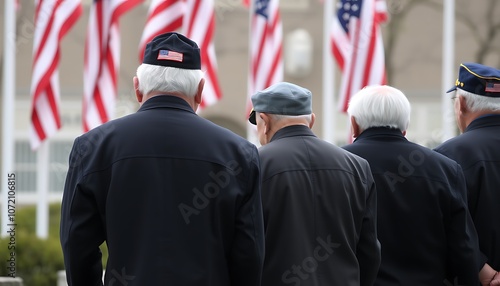 Photo of gerra veterans paying tribute to fallen soldiers on Memorial Day, standing in front of U.S. flags. . Generative AI photo