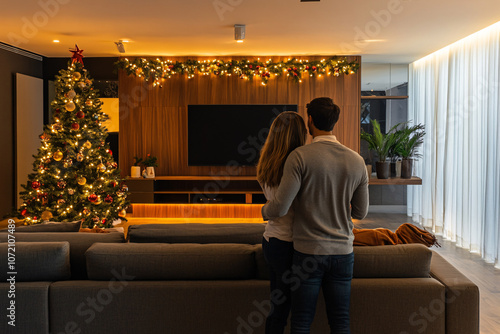 back view of lovely couple in living room with christmas tree photo