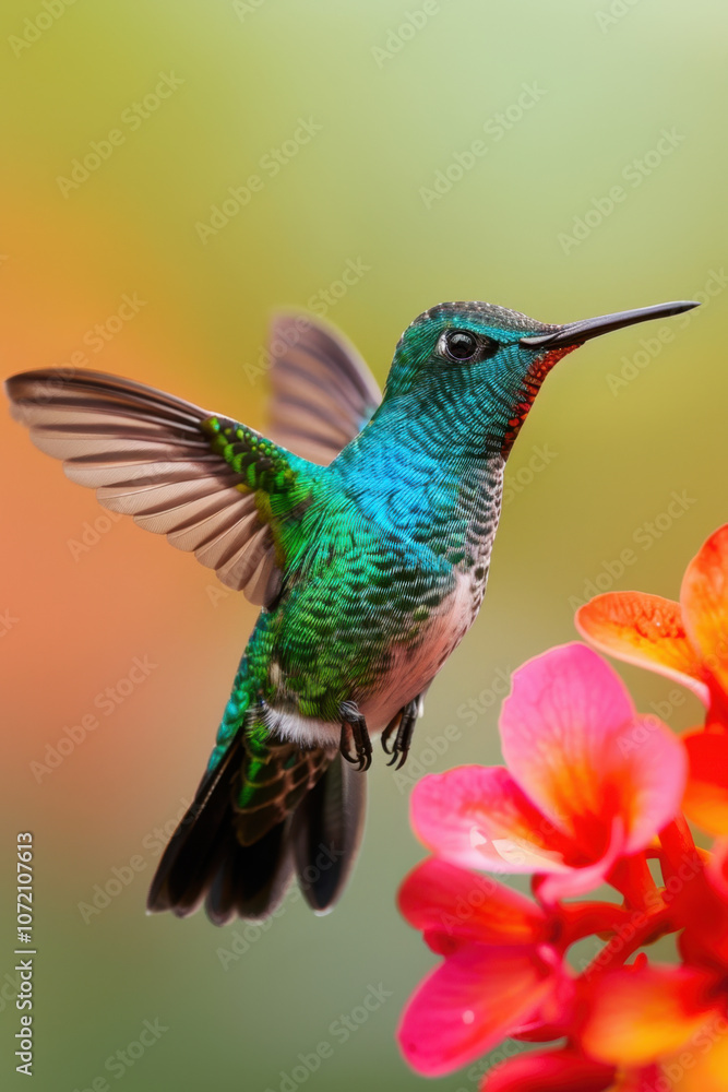 Fototapeta premium Bird day. A vibrant image of a hummingbird hovering near pink flowers with an orange and green gradient background, highlighting the bird’s intricate feather details and natural grace.