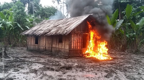 Fototapeta Naklejka Na Ścianę i Meble -  A wooden hut burns in a jungle clearing, smoke billowing into the air.