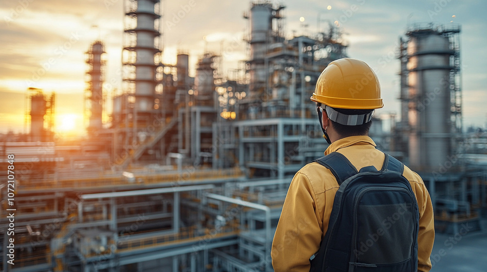 worker stands with their back turned, wearing a protective helmet and high-visibility vest, symbolizing diligence, resilience, and safety. The photo captures commitment, responsibility, and the streng worker stands with their back turned, wearing a protective helmet and high-visibility vest, symbolizing diligence, resilience, and safety. The photo captures commitment, responsibility, and the streng