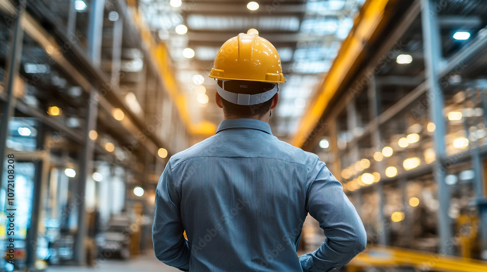 worker stands with their back turned, wearing a protective helmet and high-visibility vest, symbolizing diligence, resilience, and safety. The photo captures commitment, responsibility, and the streng worker stands with their back turned, wearing a protective helmet and high-visibility vest, symbolizing diligence, resilience, and safety. The photo captures commitment, responsibility, and the streng