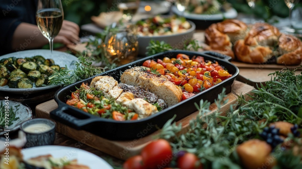 A table setting with a variety of food, including a casserole dish filled with bread, tomatoes, cheese, and herbs. A table setting with a variety of food, including a casserole dish filled with bread, tomatoes, cheese, and herbs.