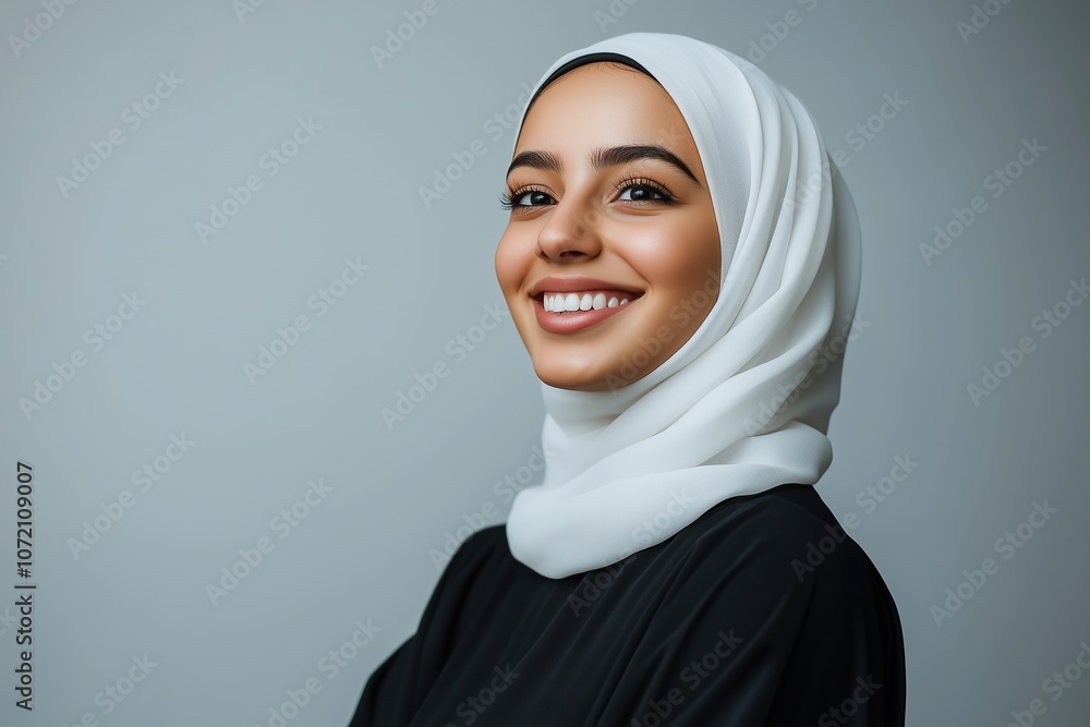 A smiling woman wearing a white hijab A smiling woman wearing a white hijab
