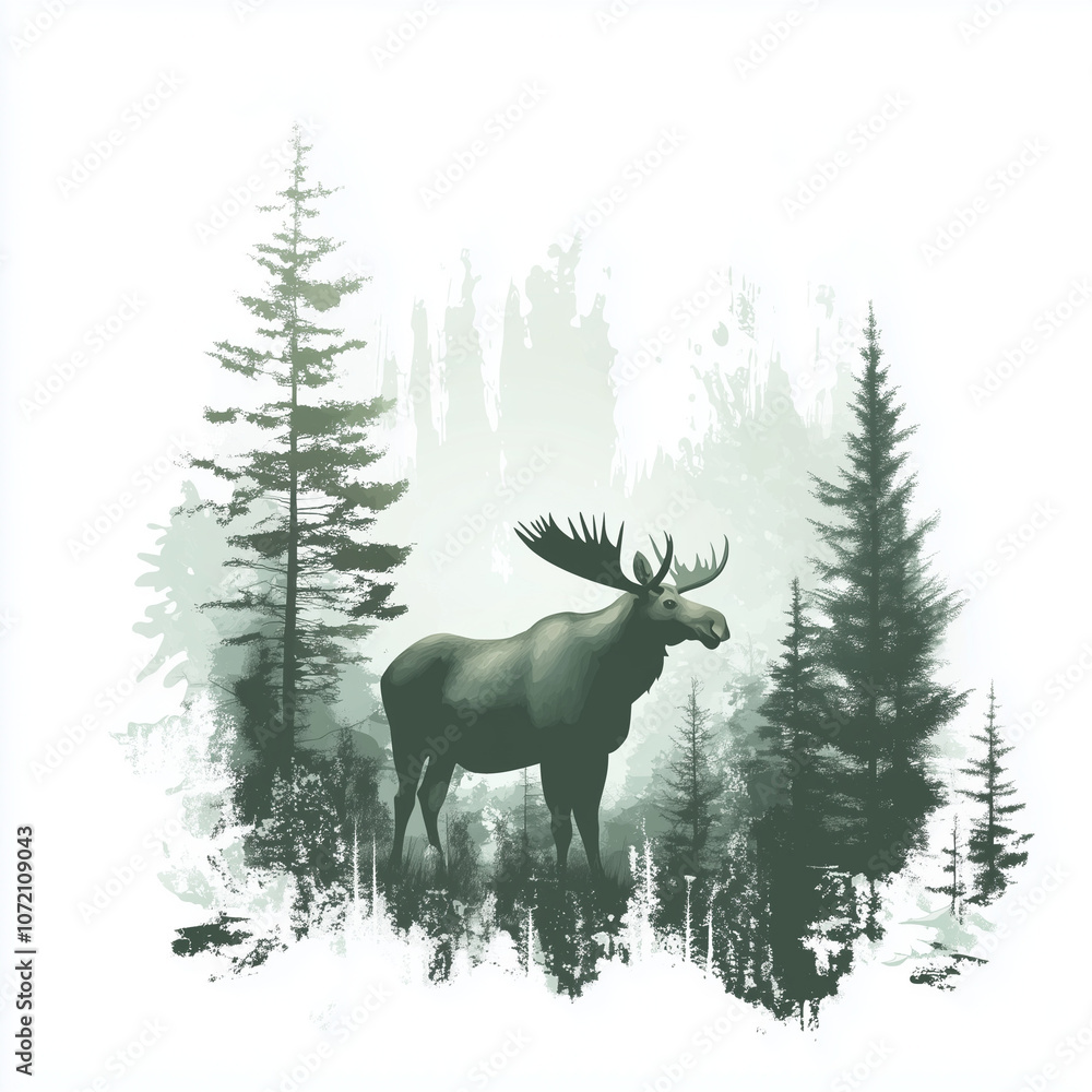 Illustration of a moose in the wilderness. Forest landscape, woods, pine trees, autumn leaves. Created with Generative AI technology