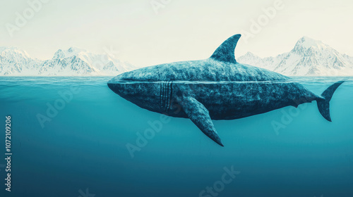 A majestic shark swimming gracefully near icy mountains in clear blue water.