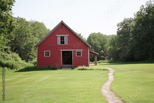 A red barn with a porch and a path leading to it