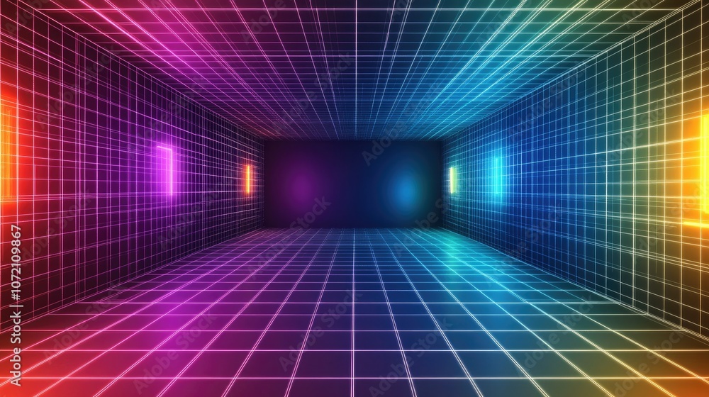 Vibrant 3D Wireframe Room with Colorful Lights Vibrant 3D Wireframe Room with Colorful Lights