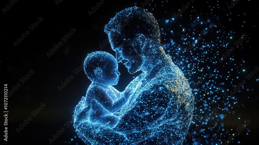 A digital rendering of a father holding a baby, both made of blue particles on a black background. A digital rendering of a father holding a baby, both made of blue particles on a black background.