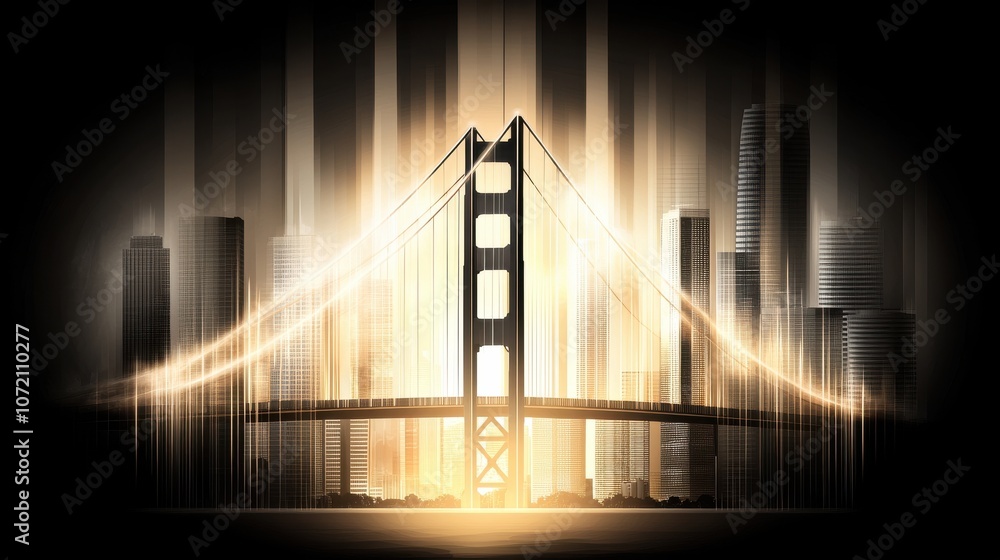 Obraz premium Golden bridge connects financial growth with urban innovation over rising economic trends