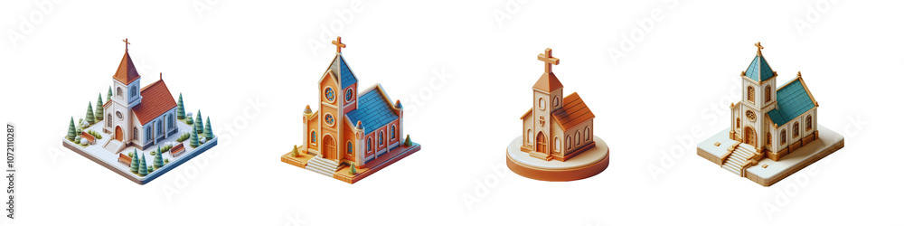 Naklejka premium Set of church 3d icon in cartoon style minimal, isolated over on transparent white background