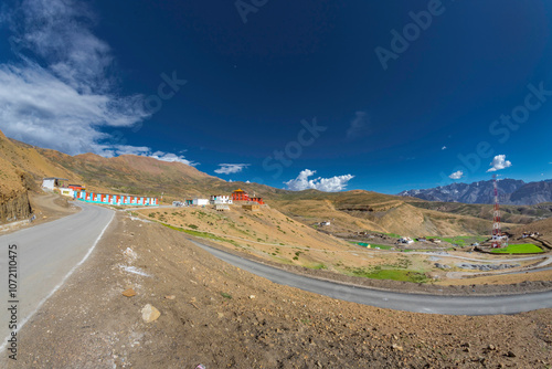 Komic monastery with himalaya mountains in komic village the world's highest motorable village in himachal pradesh, India. photo