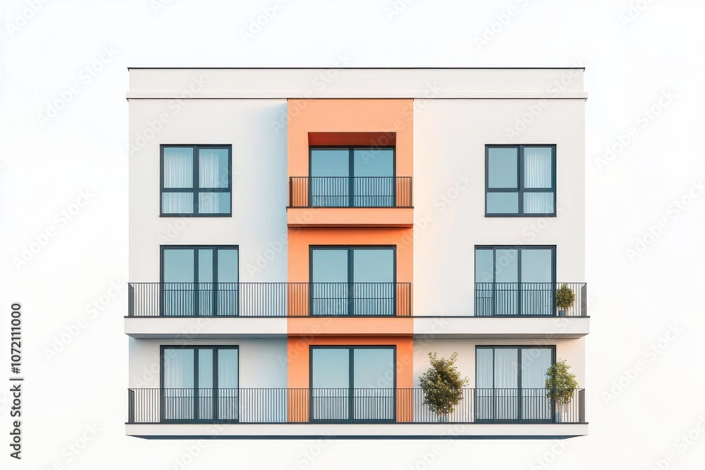 A modern, minimalistic apartment building featuring large windows, balconies, and a striking orange accent against a white facade. A modern, minimalistic apartment building featuring large windows, balconies, and a striking orange accent against a white facade.
