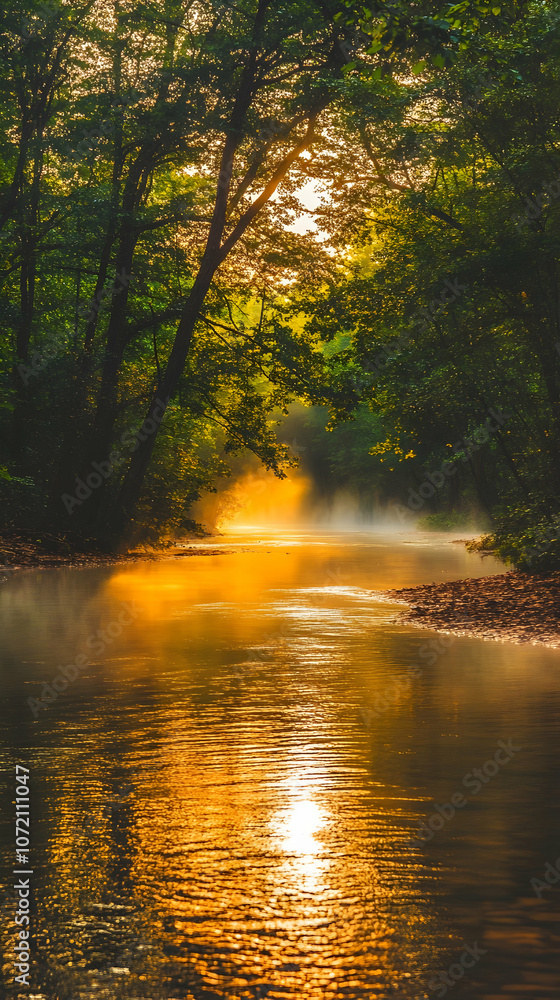 A misty river at sunrise, with golden light filtering through the trees. A misty river at sunrise, with golden light filtering through the trees.