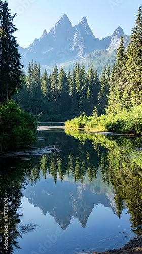 A serene mountain lake with a reflection of the peaks in the water.