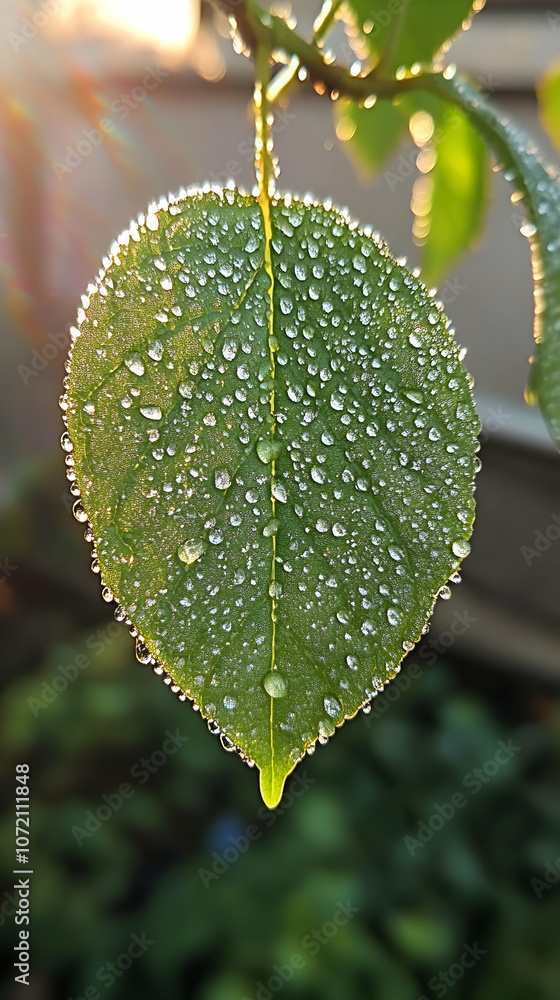 A single green leaf covered in morning dew drops. A single green leaf covered in morning dew drops.