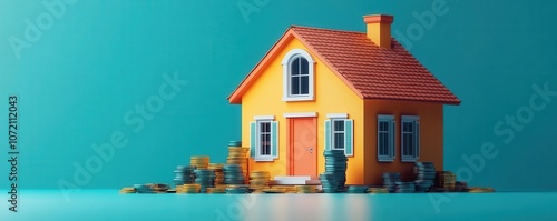 A colorful house figurine surrounded by coins, symbolizing real estate investment and financial growth.