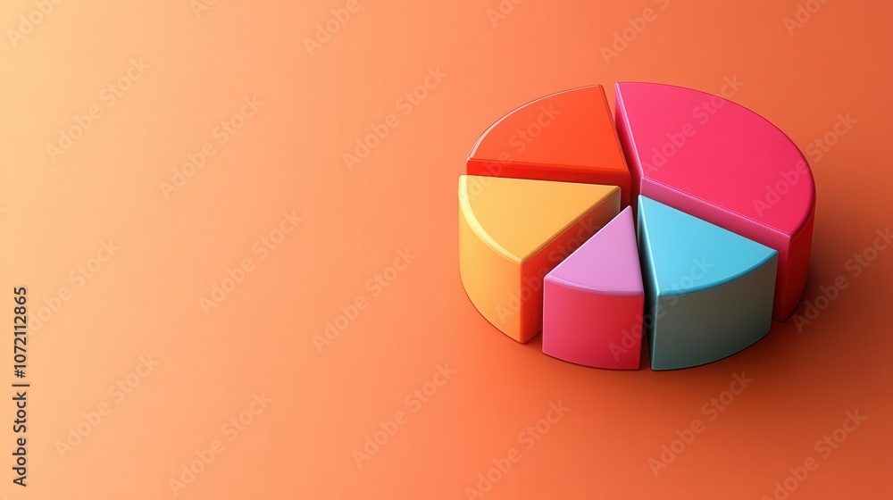 Obraz premium A colorful 3D pie chart on an orange background, representing data distribution and analysis visually.