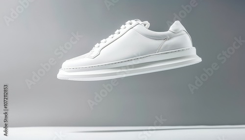 White shoe with a white laces is shown in the air. The shoe is the main focus of the image, and it is a sneaker. The shoe is positioned in the center of the image